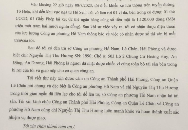 Người dân gửi Thư cảm ơn Công an Phường Hồ Nam (quận Lê Chân)